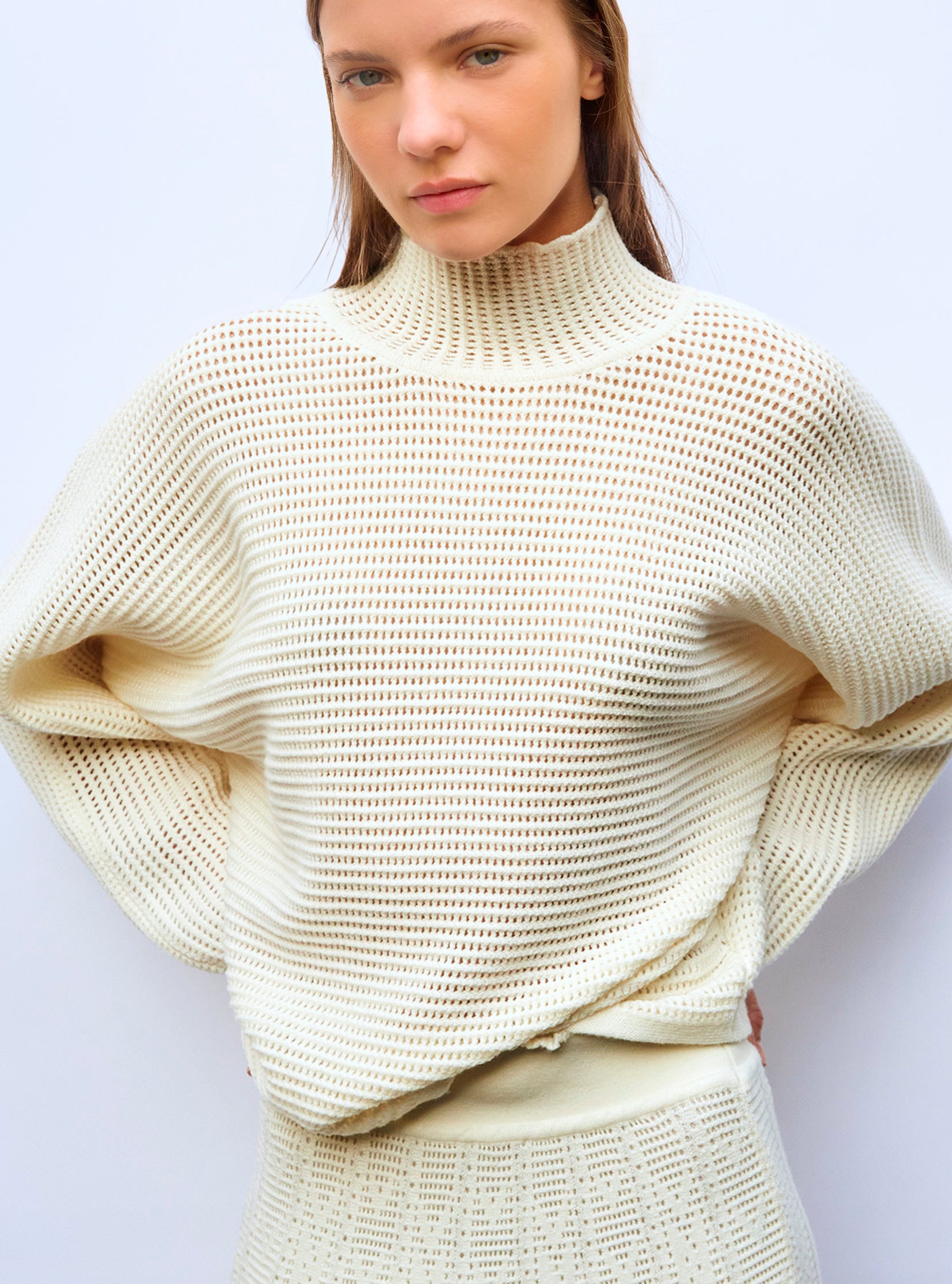 Pull ample en résille de laine Naturel - Vêtement en maille de luxe Molli