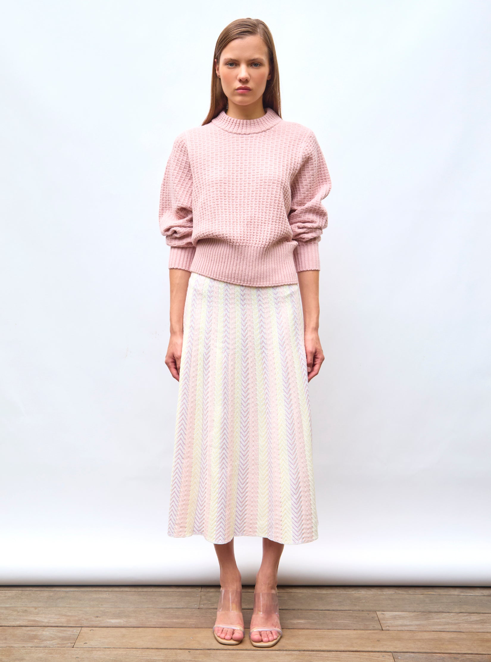 Pulls de luxe femme - Pull fin maille gaufrée Rose Tendre