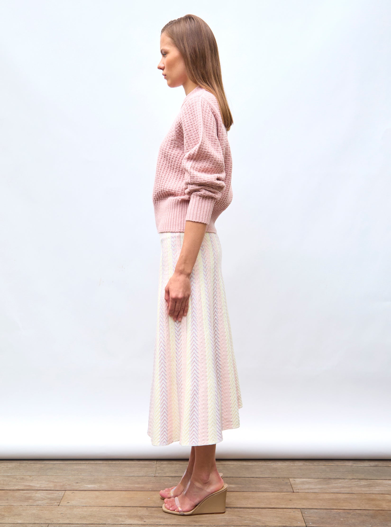 Pulls de luxe femme - Pull fin maille gaufrée Rose Tendre