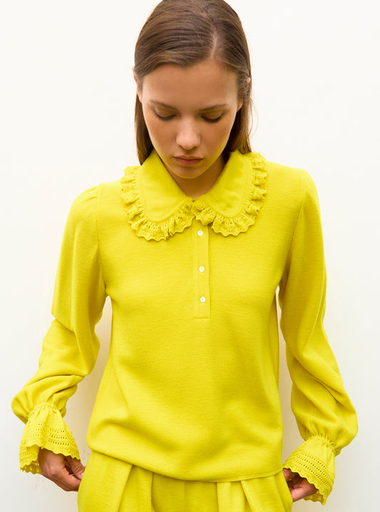 Tops de luxe femme - Blouse en maille col dentelle Mimosa