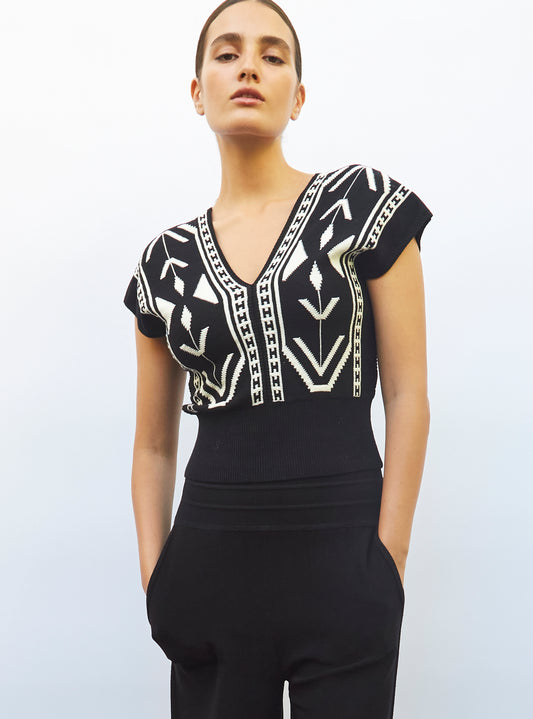 Top v en maille jacquard ikat - Vêtement en maille de luxe Molli