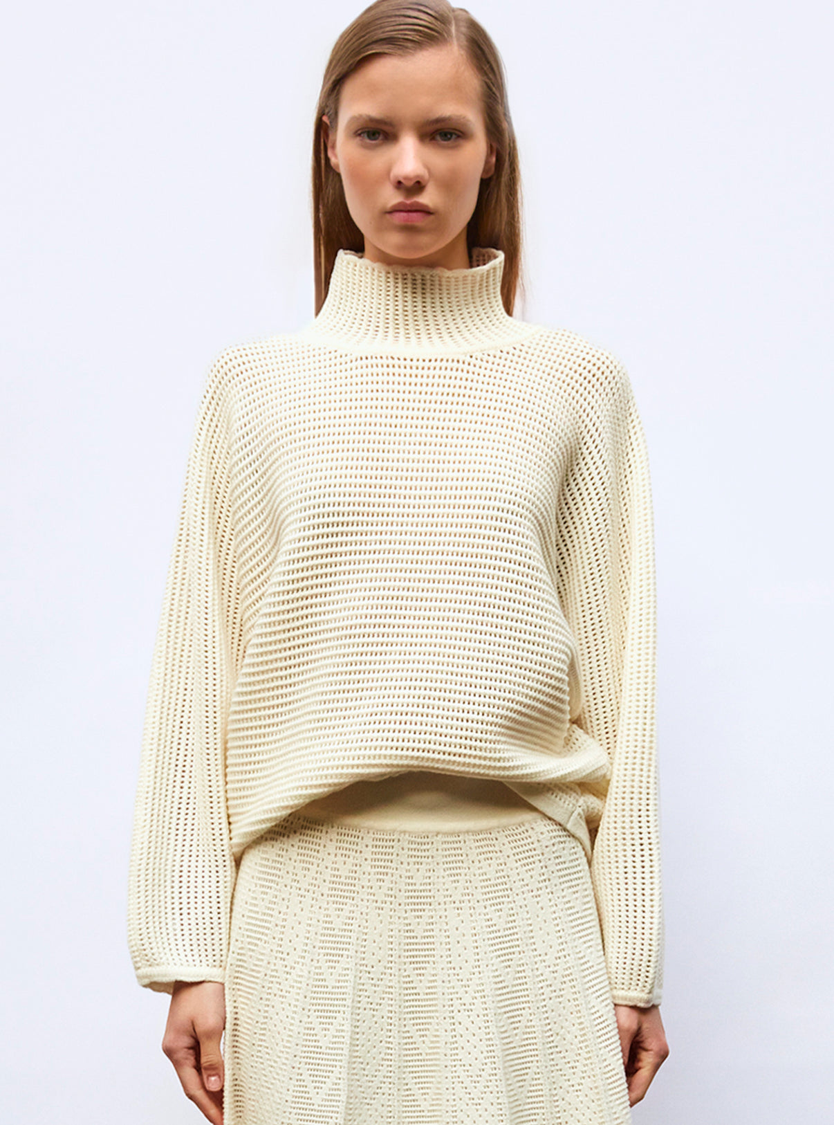 Pull ample en résille de laine Naturel - Vêtement en maille de luxe Molli