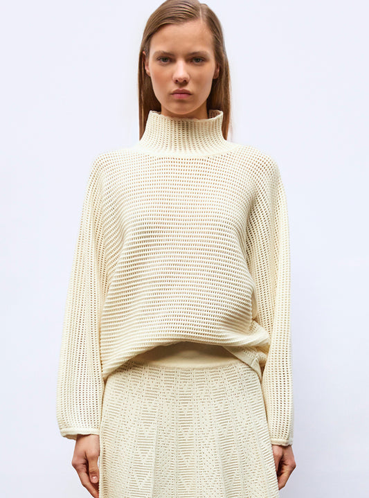 Pull ample en résille de laine Naturel - Vêtement en maille de luxe Molli