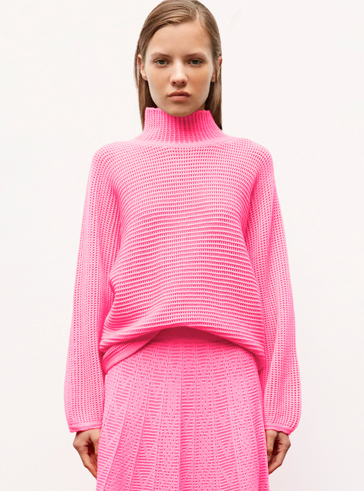 Pull ample en résille de laine Rose fluo - Vêtement en maille de luxe Molli