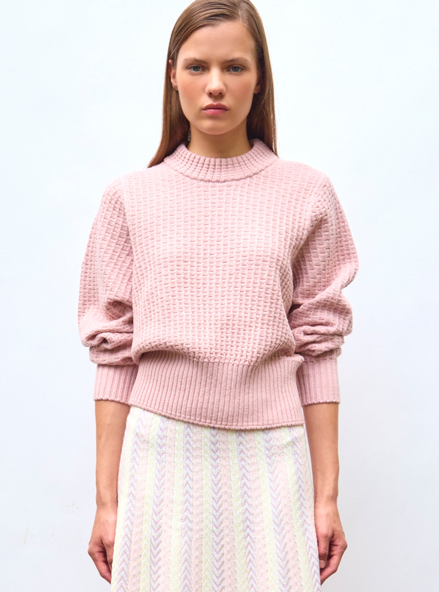 Pulls de luxe femme - Pull fin maille gaufrée Rose Tendre