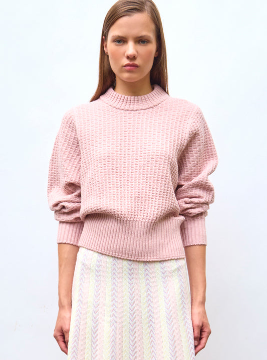 Pulls de luxe femme - Pull fin maille gaufrée Rose Tendre