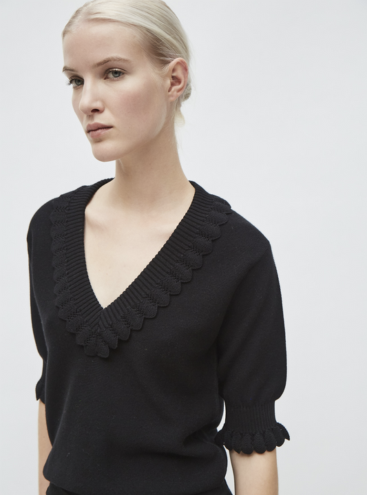 top with ruffled v-neckline